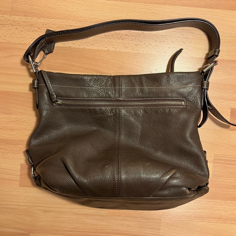 Coach Pebble Leather Taupe Dark Brown Oversized Shoulder Bag Hobo Purse